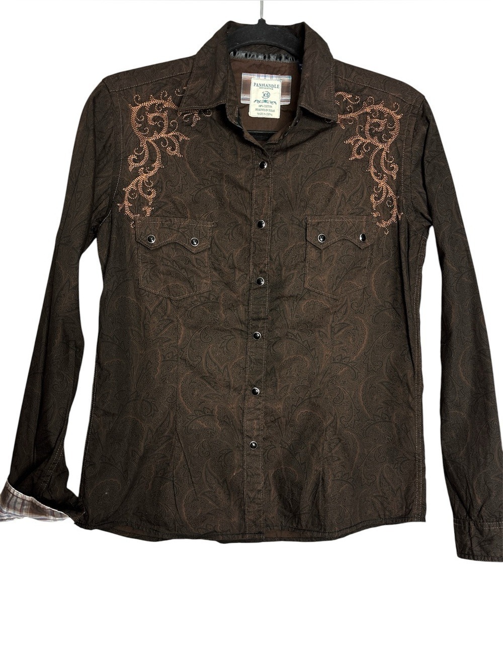 Panhandle Slim Embroidered Cotton Long Sleeve Western Snap Button Shirt Brown-XS